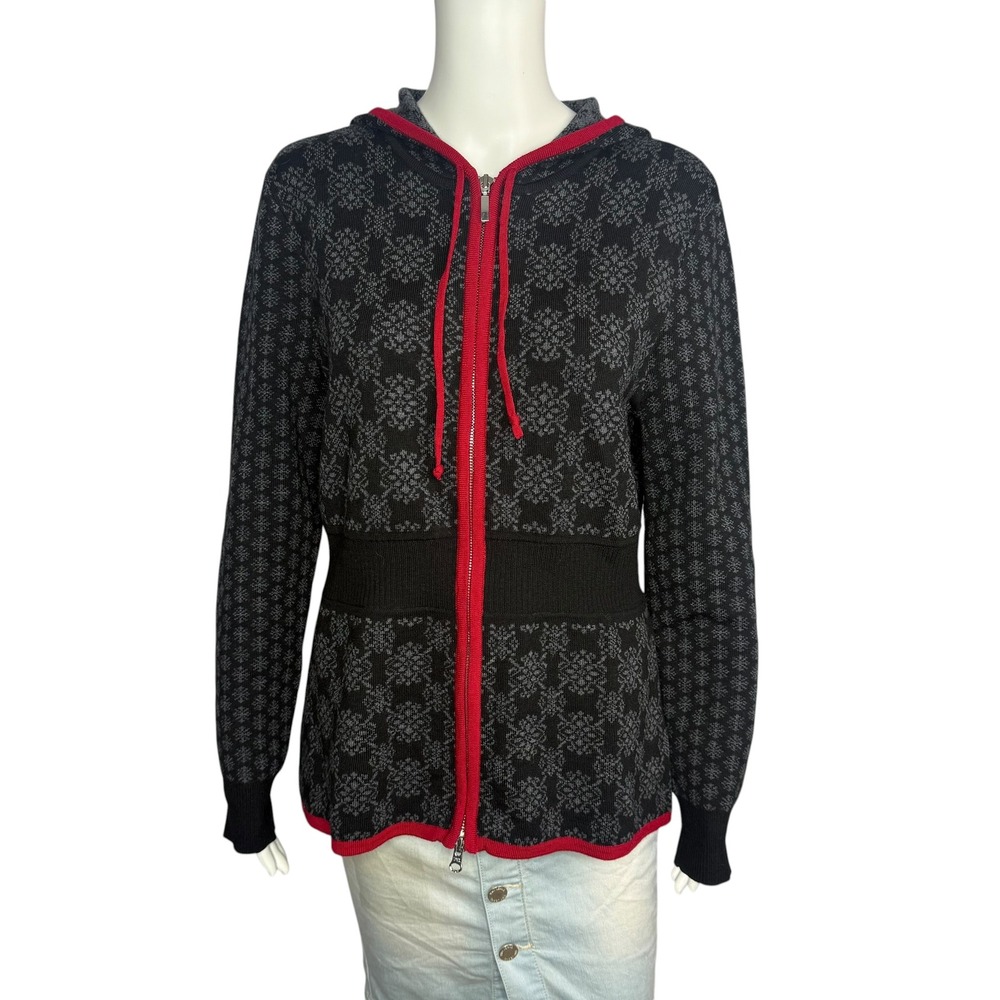 Eddie Bauer Womens Merino Wool Fair Isle Hoodie Sweater Black Red Snowflake L